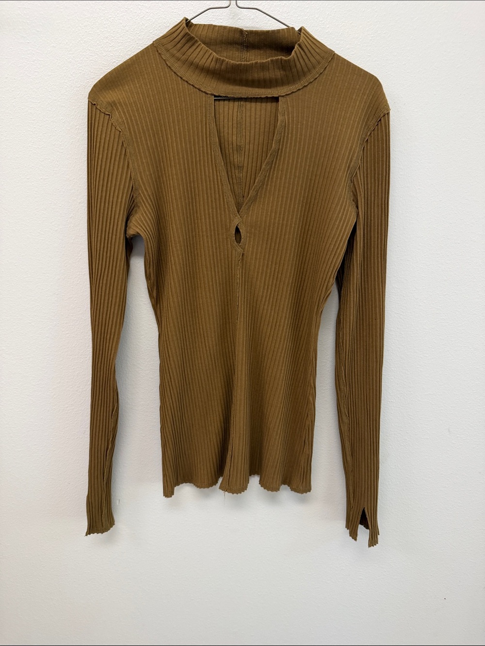 Free People Ribbed Mock Neck Long Sleeve Top in Brown